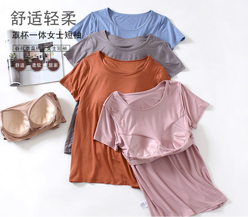 Women's Short-Sleeved Modal Pure Color Bra All-In-One Pajama Top with Breast Pads Summer Half-Sleeved Women's Bottoming Shirt
