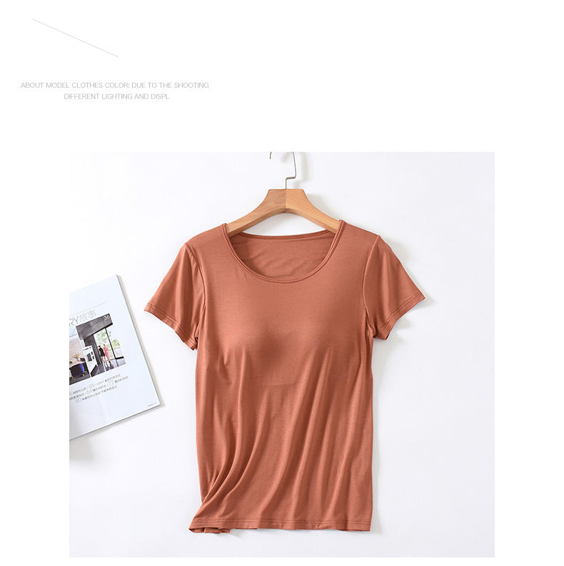 Women's Short-Sleeved Modal Pure Color Bra All-In-One Pajama Top with Breast Pads Summer Half-Sleeved Women's Bottoming Shirt