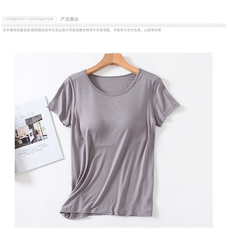 Women's Short-Sleeved Modal Pure Color Bra All-In-One Pajama Top with Breast Pads Summer Half-Sleeved Women's Bottoming Shirt