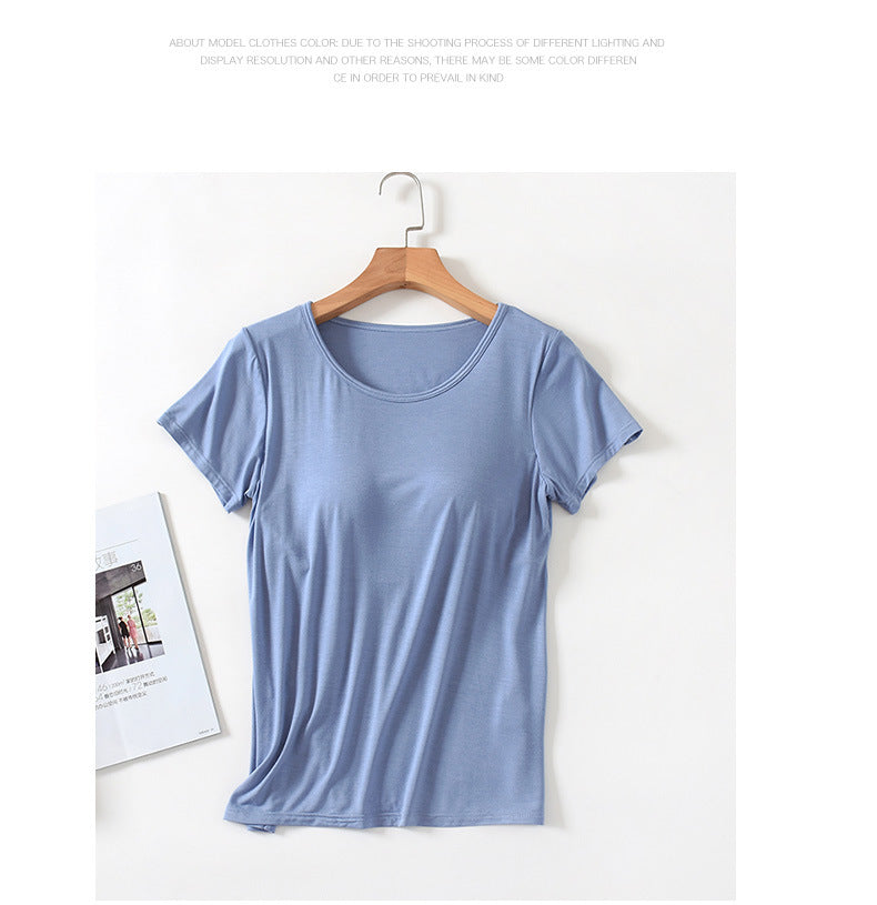 Women's Short-Sleeved Modal Pure Color Bra All-In-One Pajama Top with Breast Pads Summer Half-Sleeved Women's Bottoming Shirt