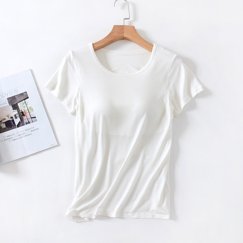 Women's Short-Sleeved Modal Pure Color Bra All-In-One Pajama Top with Breast Pads Summer Half-Sleeved Women's Bottoming Shirt