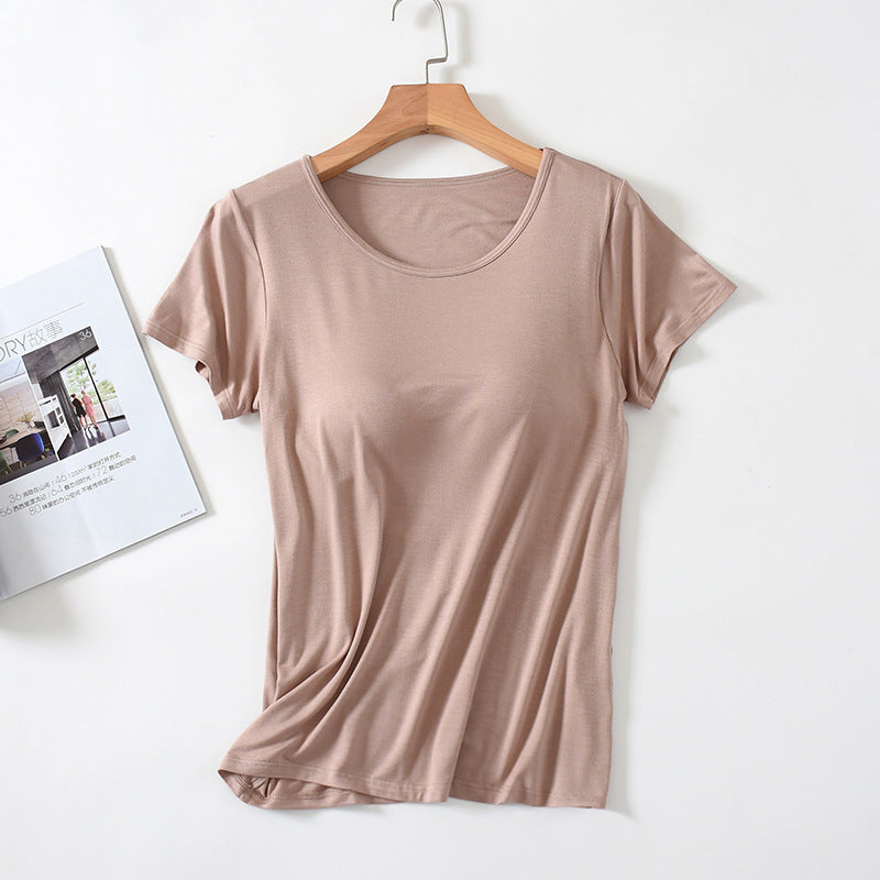 Women's Short-Sleeved Modal Pure Color Bra All-In-One Pajama Top with Breast Pads Summer Half-Sleeved Women's Bottoming Shirt