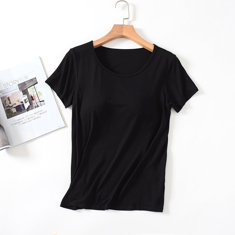 Women's Short-Sleeved Modal Pure Color Bra All-In-One Pajama Top with Breast Pads Summer Half-Sleeved Women's Bottoming Shirt
