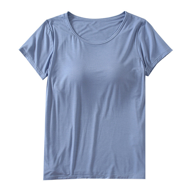 Women's Short-Sleeved Modal Pure Color Bra All-In-One Pajama Top with Breast Pads Summer Half-Sleeved Women's Bottoming Shirt