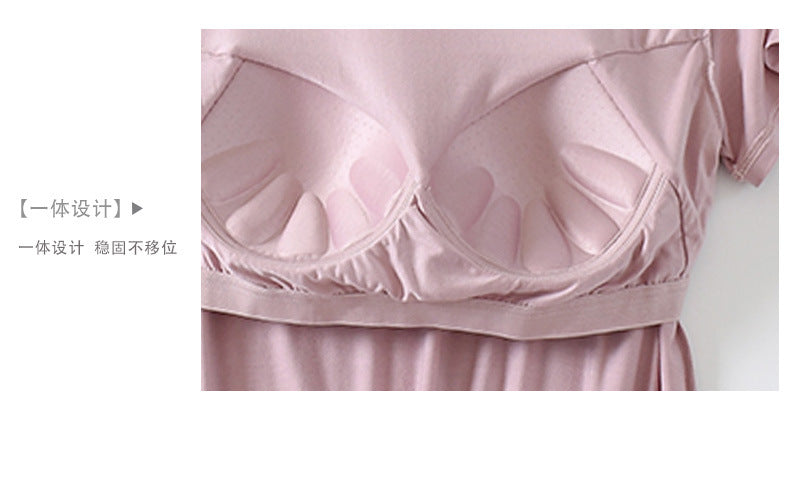 Women's Short-Sleeved Modal Pure Color Bra All-In-One Pajama Top with Breast Pads Summer Half-Sleeved Women's Bottoming Shirt