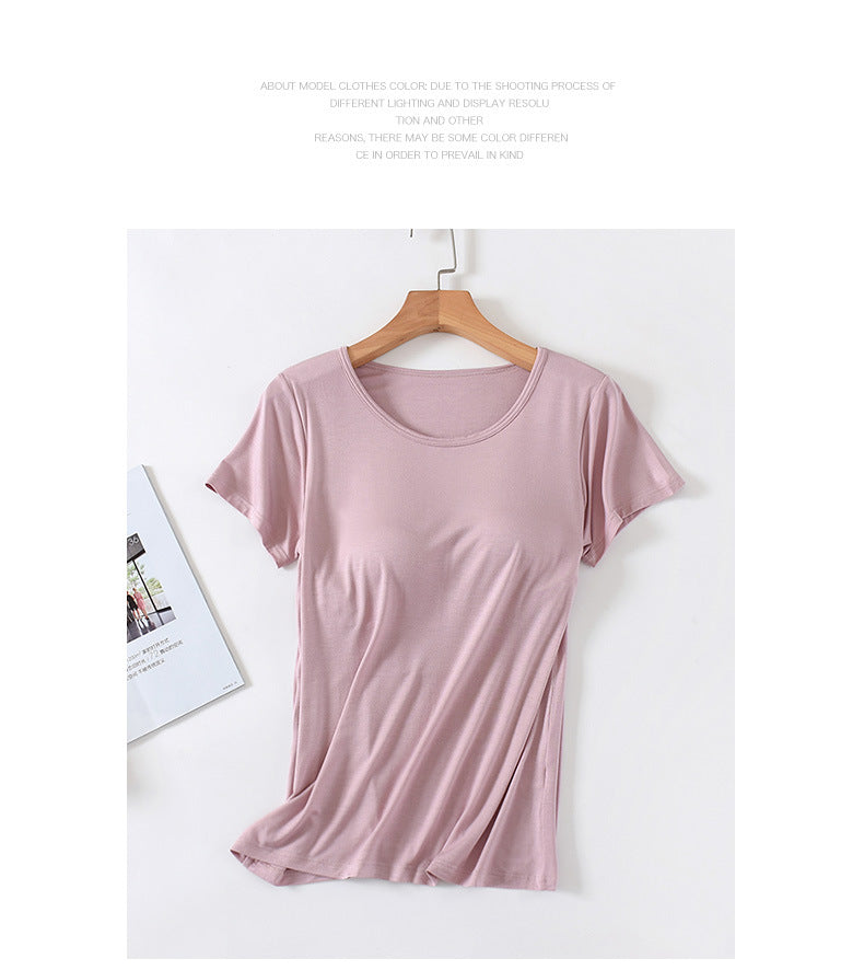 Women's Short-Sleeved Modal Pure Color Bra All-In-One Pajama Top with Breast Pads Summer Half-Sleeved Women's Bottoming Shirt