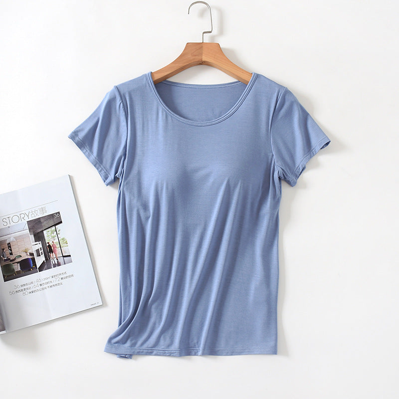 Women's Short-Sleeved Modal Pure Color Bra All-In-One Pajama Top with Breast Pads Summer Half-Sleeved Women's Bottoming Shirt