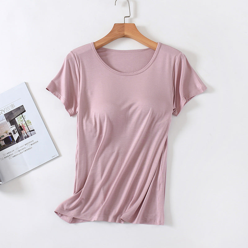 Women's Short-Sleeved Modal Pure Color Bra All-In-One Pajama Top with Breast Pads Summer Half-Sleeved Women's Bottoming Shirt