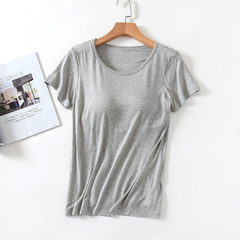 Women's Short-Sleeved Modal Pure Color Bra All-In-One Pajama Top with Breast Pads Summer Half-Sleeved Women's Bottoming Shirt