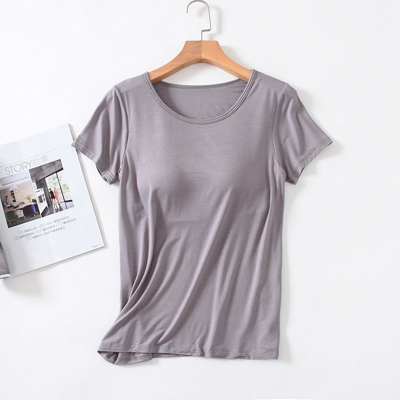 Women's Short-Sleeved Modal Pure Color Bra All-In-One Pajama Top with Breast Pads Summer Half-Sleeved Women's Bottoming Shirt