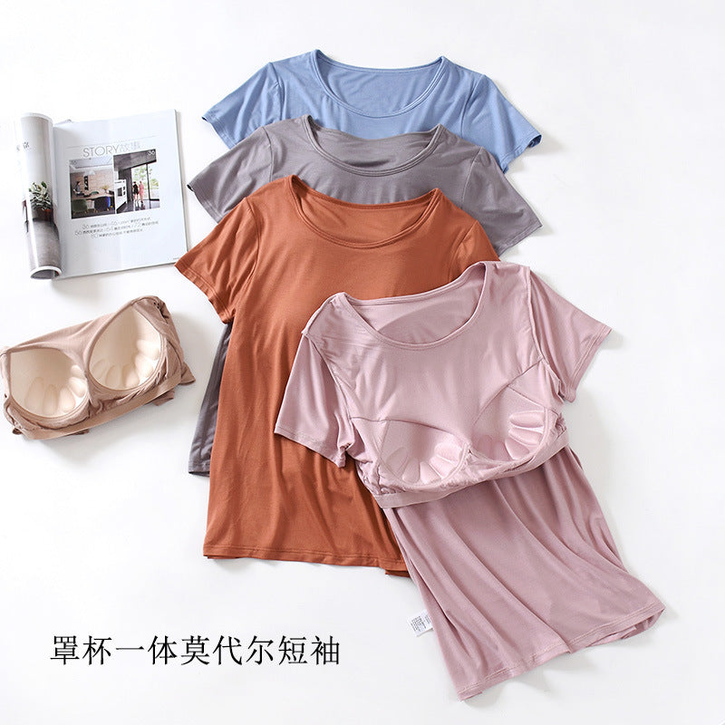 Women's Short-Sleeved Modal Pure Color Bra All-In-One Pajama Top with Breast Pads Summer Half-Sleeved Women's Bottoming Shirt