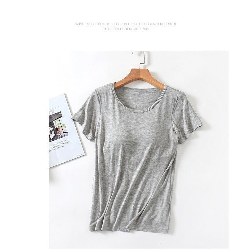 Women's Short-Sleeved Modal Pure Color Bra All-In-One Pajama Top with Breast Pads Summer Half-Sleeved Women's Bottoming Shirt