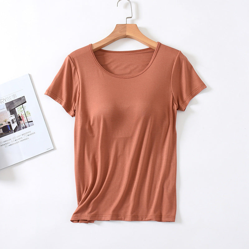 Women's Short-Sleeved Modal Pure Color Bra All-In-One Pajama Top with Breast Pads Summer Half-Sleeved Women's Bottoming Shirt
