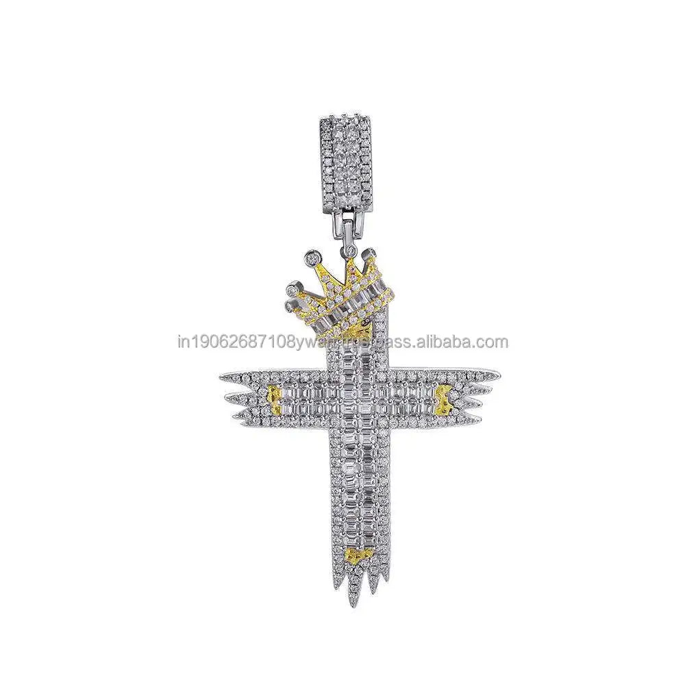 Wholesale Vintage Jewelry Square Cubic VVS Lab Grown Diamond Ladder Cross Pendant Silver Plated Blinged Out Hip Hop Look