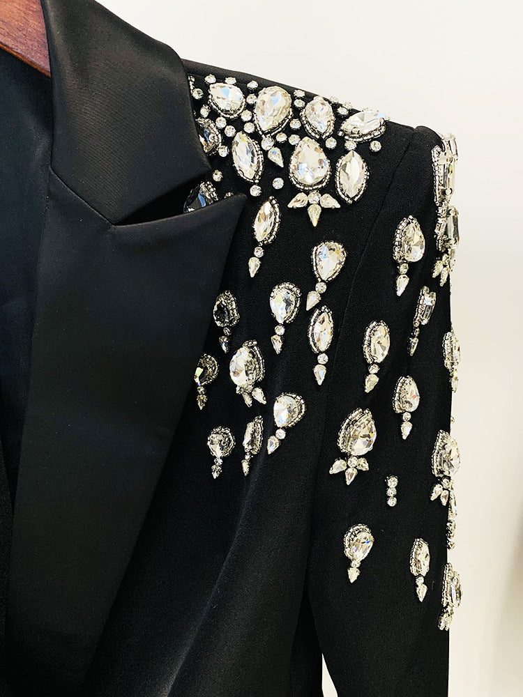 In Stock 2026 Early Autumn European and American Celebrity Fashion Handmade Beaded and Diamond-Encrusted Slim Long Blazer