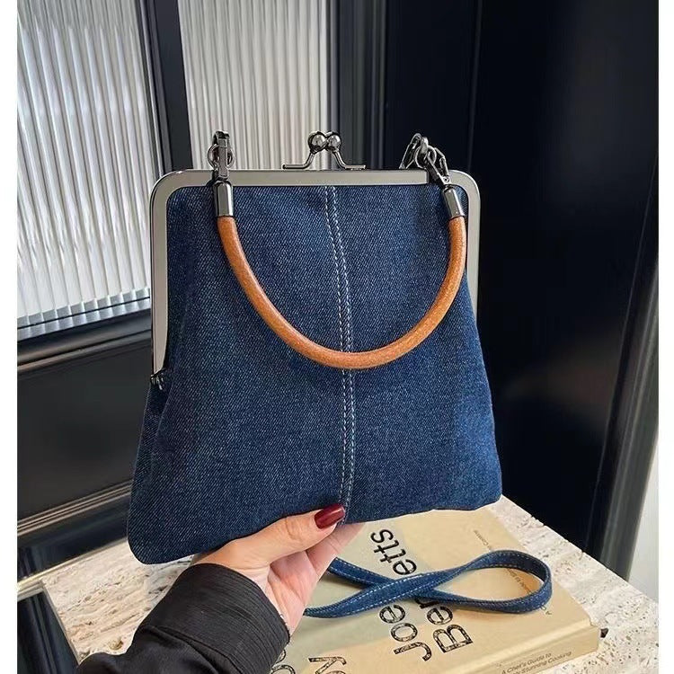 2024 Autumn Original New Style Small Bag Women's Bag Handmade Denim Stitching Portable Messenger Bag Shoulder Bag Small Satchel