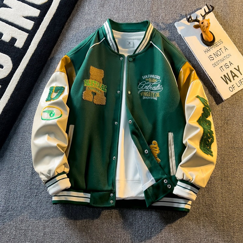 Spring and Autum Contrasting Color American Embroidered Leather Sleeve Jacket Men's Korean Style Trendyy Baseball Uniform Autum Casual Student Jacket