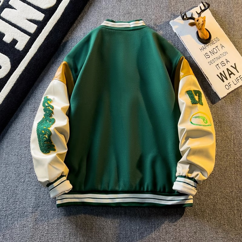 Spring and Autum Contrasting Color American Embroidered Leather Sleeve Jacket Men's Korean Style Trendyy Baseball Uniform Autum Casual Student Jacket