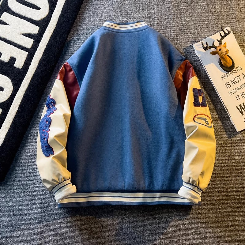 Spring and Autum Contrasting Color American Embroidered Leather Sleeve Jacket Men's Korean Style Trendyy Baseball Uniform Autum Casual Student Jacket
