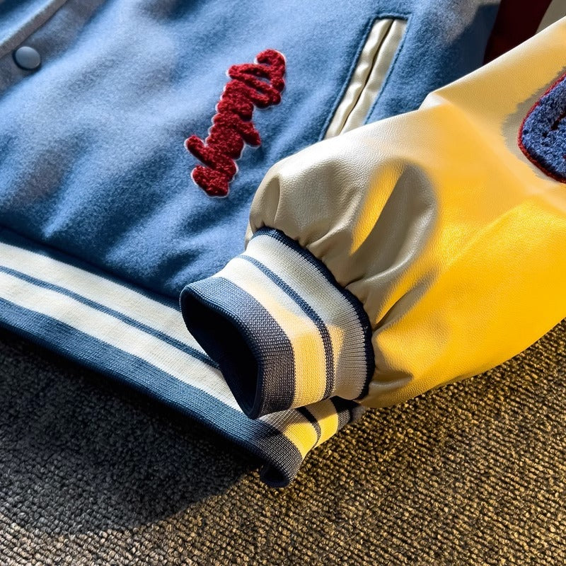 Spring and Autum Contrasting Color American Embroidered Leather Sleeve Jacket Men's Korean Style Trendyy Baseball Uniform Autum Casual Student Jacket