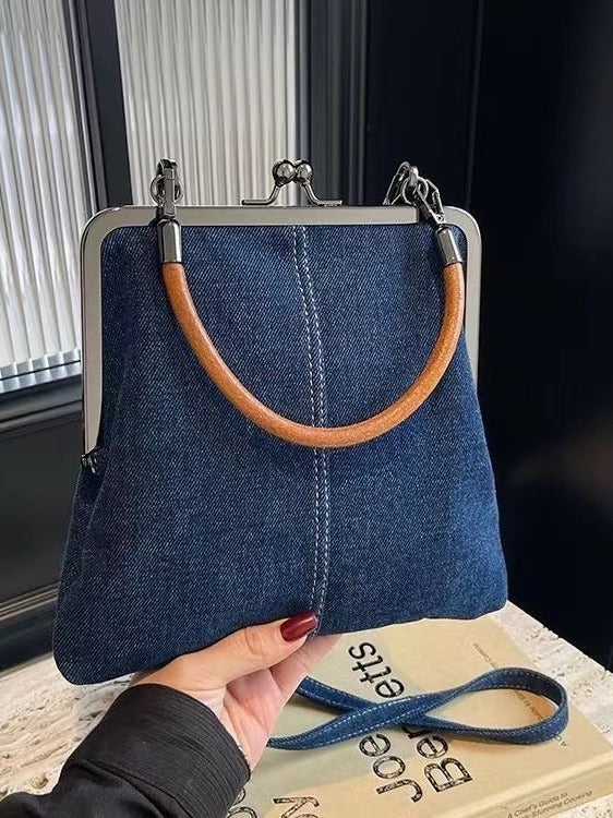 2024 Autumn Original New Style Small Bag Women's Bag Handmade Denim Stitching Portable Messenger Bag Shoulder Bag Small Satchel