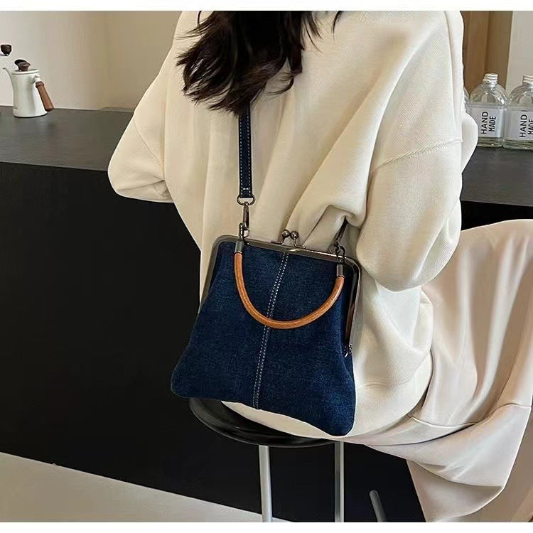 2024 Autumn Original New Style Small Bag Women's Bag Handmade Denim Stitching Portable Messenger Bag Shoulder Bag Small Satchel
