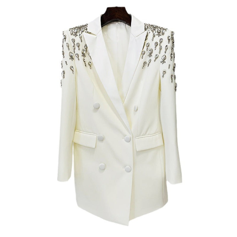 In Stock 2026 Early Autumn European and American Celebrity Fashion Handmade Beaded and Diamond-Encrusted Slim Long Blazer