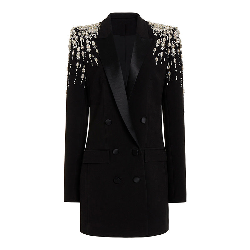 In Stock 2026 Early Autumn European and American Celebrity Fashion Handmade Beaded and Diamond-Encrusted Slim Long Blazer