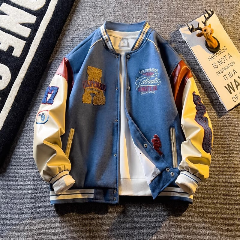 Spring and Autum Contrasting Color American Embroidered Leather Sleeve Jacket Men's Korean Style Trendyy Baseball Uniform Autum Casual Student Jacket
