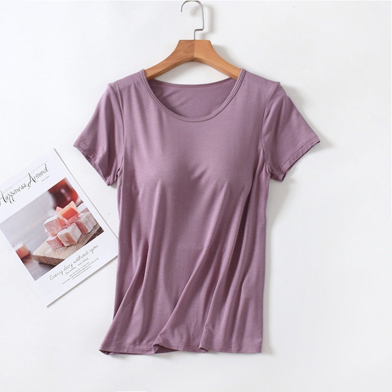 Women's Short-Sleeved Modal Pure Color Bra All-In-One Pajama Top with Breast Pads Summer Half-Sleeved Women's Bottoming Shirt