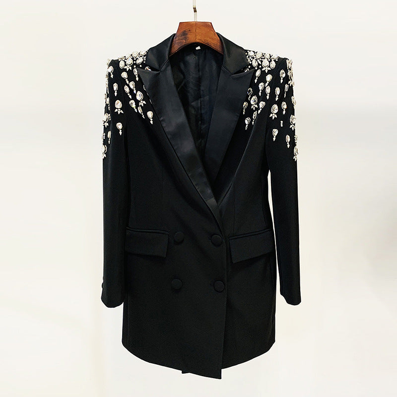 In Stock 2026 Early Autumn European and American Celebrity Fashion Handmade Beaded and Diamond-Encrusted Slim Long Blazer