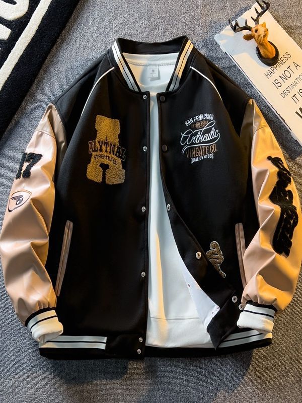 Spring and Autum Contrasting Color American Embroidered Leather Sleeve Jacket Men's Korean Style Trendyy Baseball Uniform Autum Casual Student Jacket