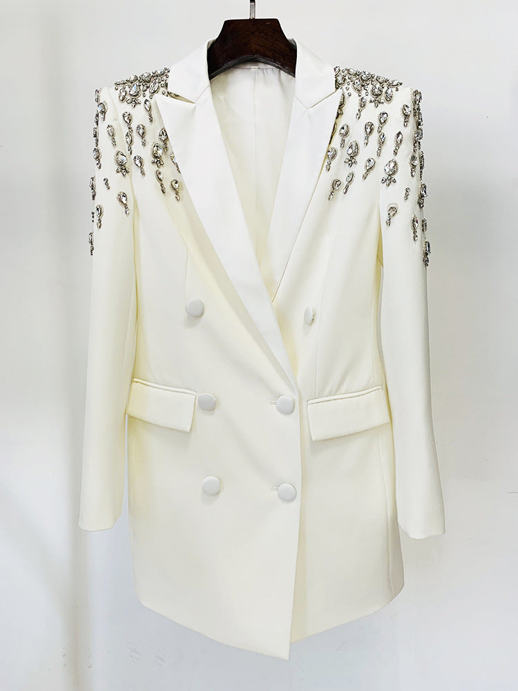 In Stock 2026 Early Autumn European and American Celebrity Fashion Handmade Beaded and Diamond-Encrusted Slim Long Blazer