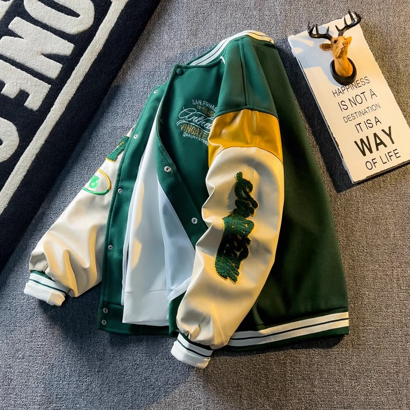 Spring and Autum Contrasting Color American Embroidered Leather Sleeve Jacket Men's Korean Style Trendyy Baseball Uniform Autum Casual Student Jacket