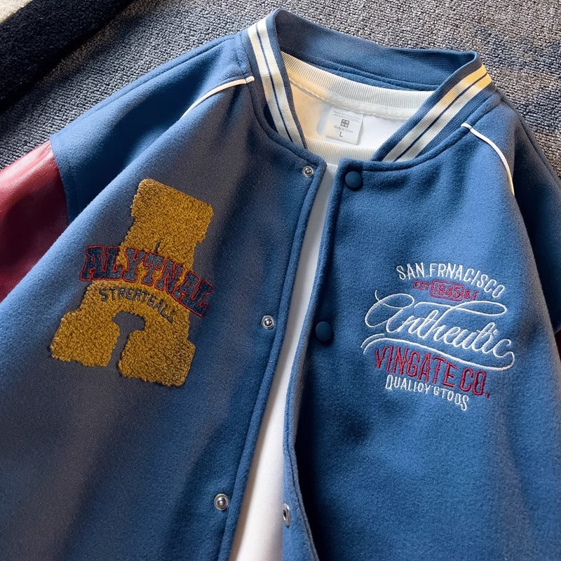 Spring and Autum Contrasting Color American Embroidered Leather Sleeve Jacket Men's Korean Style Trendyy Baseball Uniform Autum Casual Student Jacket
