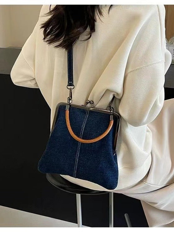 2024 Autumn Original New Style Small Bag Women's Bag Handmade Denim Stitching Portable Messenger Bag Shoulder Bag Small Satchel