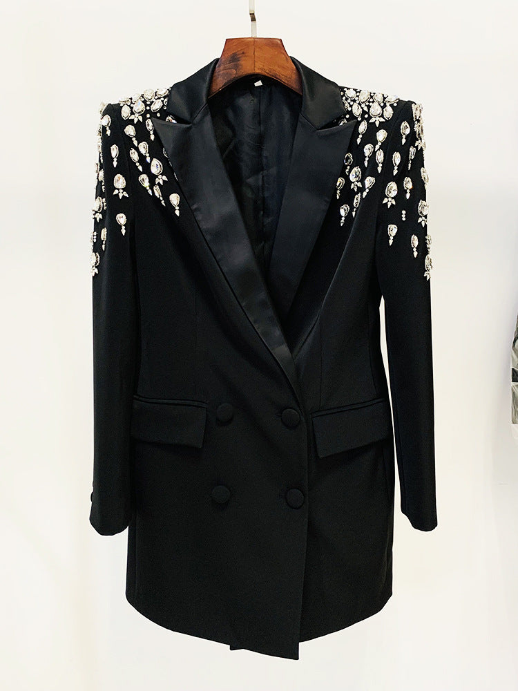 In Stock 2026 Early Autumn European and American Celebrity Fashion Handmade Beaded and Diamond-Encrusted Slim Long Blazer