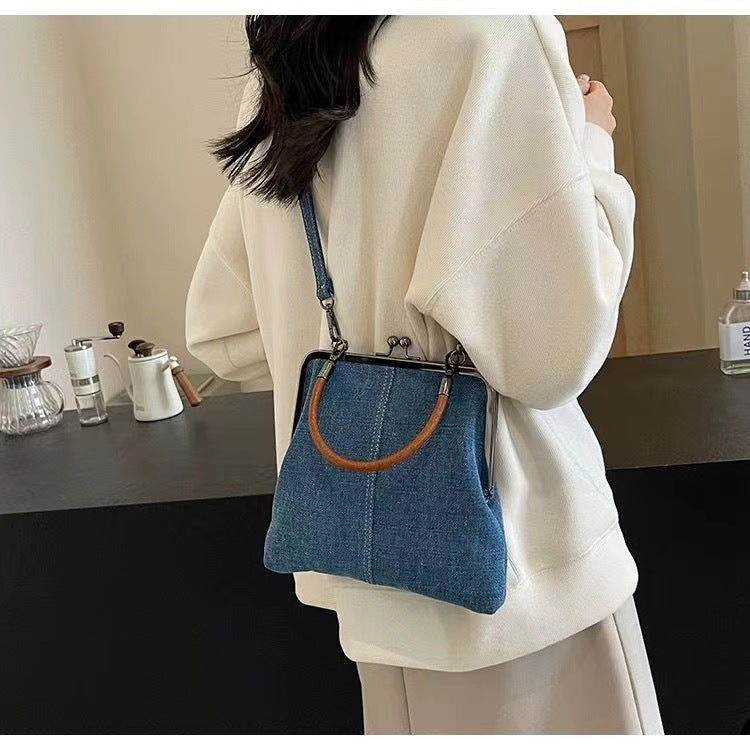 2024 Autumn Original New Style Small Bag Women's Bag Handmade Denim Stitching Portable Messenger Bag Shoulder Bag Small Satchel