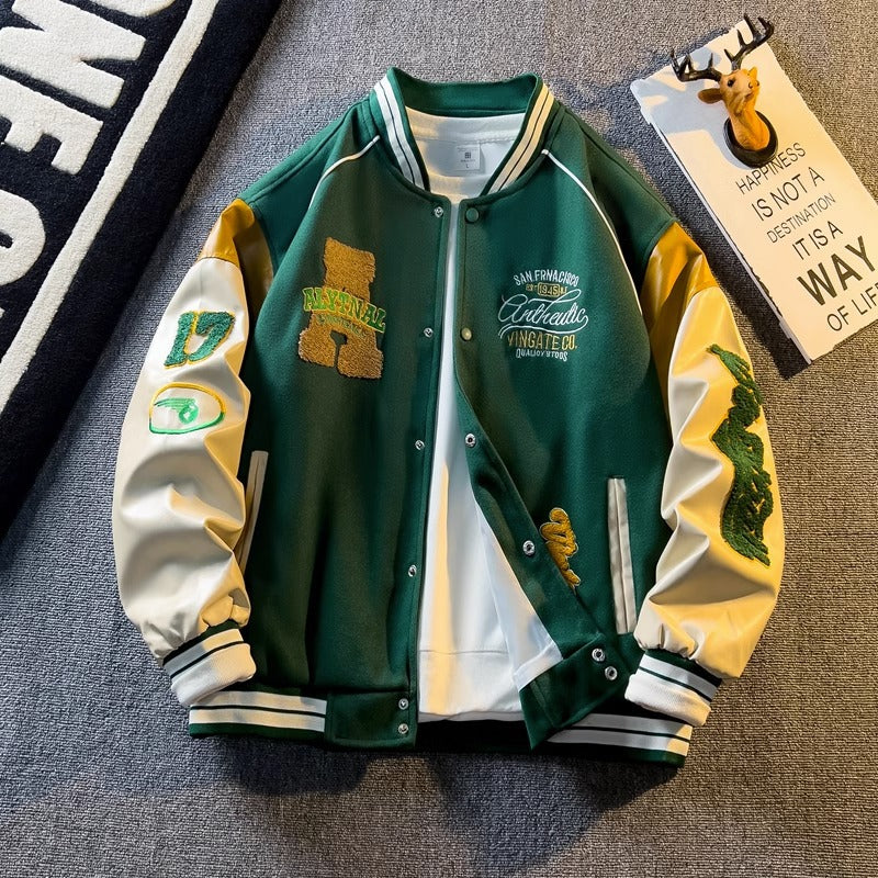 Spring and Autum Contrasting Color American Embroidered Leather Sleeve Jacket Men's Korean Style Trendyy Baseball Uniform Autum Casual Student Jacket