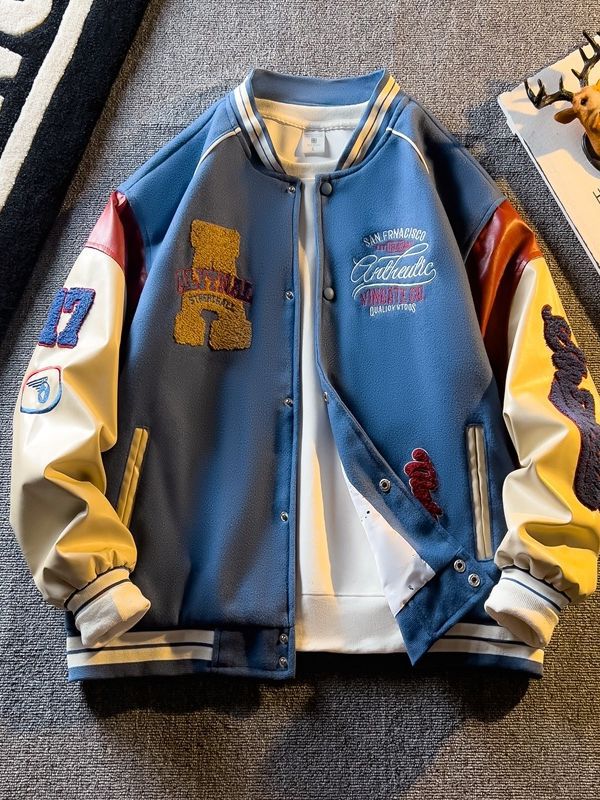 Spring and Autum Contrasting Color American Embroidered Leather Sleeve Jacket Men's Korean Style Trendyy Baseball Uniform Autum Casual Student Jacket
