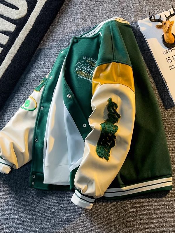 Spring and Autum Contrasting Color American Embroidered Leather Sleeve Jacket Men's Korean Style Trendyy Baseball Uniform Autum Casual Student Jacket