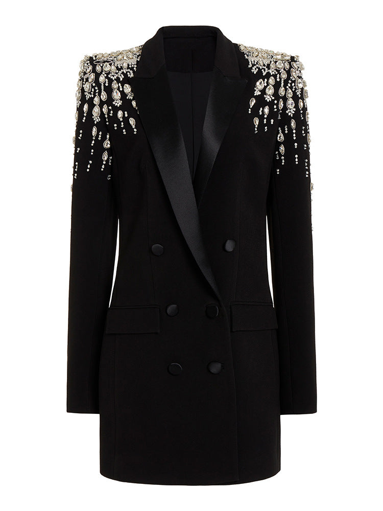 In Stock 2026 Early Autumn European and American Celebrity Fashion Handmade Beaded and Diamond-Encrusted Slim Long Blazer