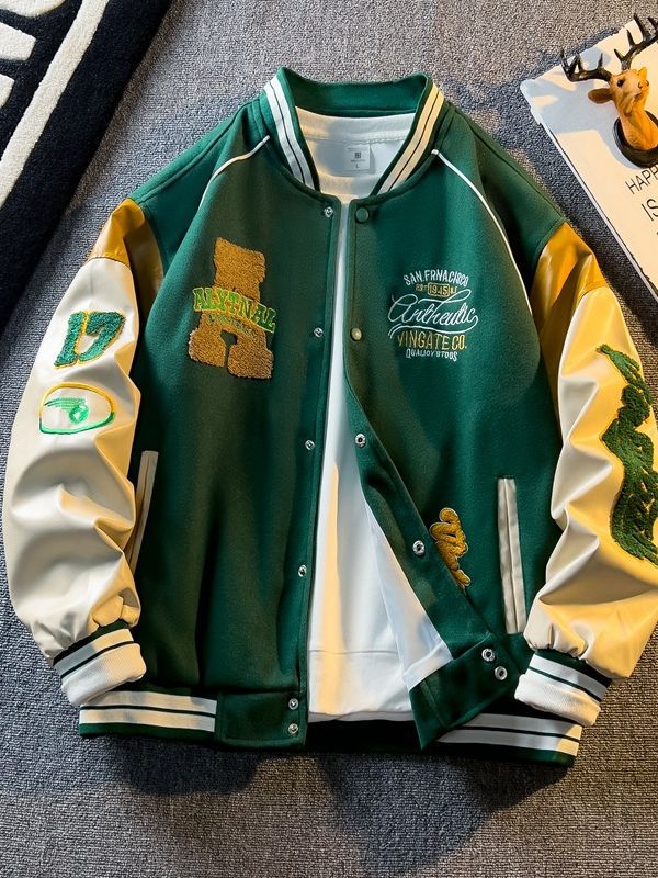 Spring and Autum Contrasting Color American Embroidered Leather Sleeve Jacket Men's Korean Style Trendyy Baseball Uniform Autum Casual Student Jacket