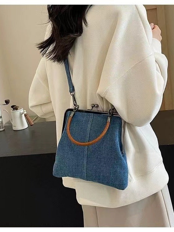 2024 Autumn Original New Style Small Bag Women's Bag Handmade Denim Stitching Portable Messenger Bag Shoulder Bag Small Satchel