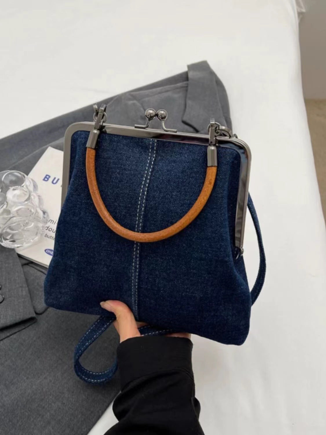 2024 Autumn Original New Style Small Bag Women's Bag Handmade Denim Stitching Portable Messenger Bag Shoulder Bag Small Satchel