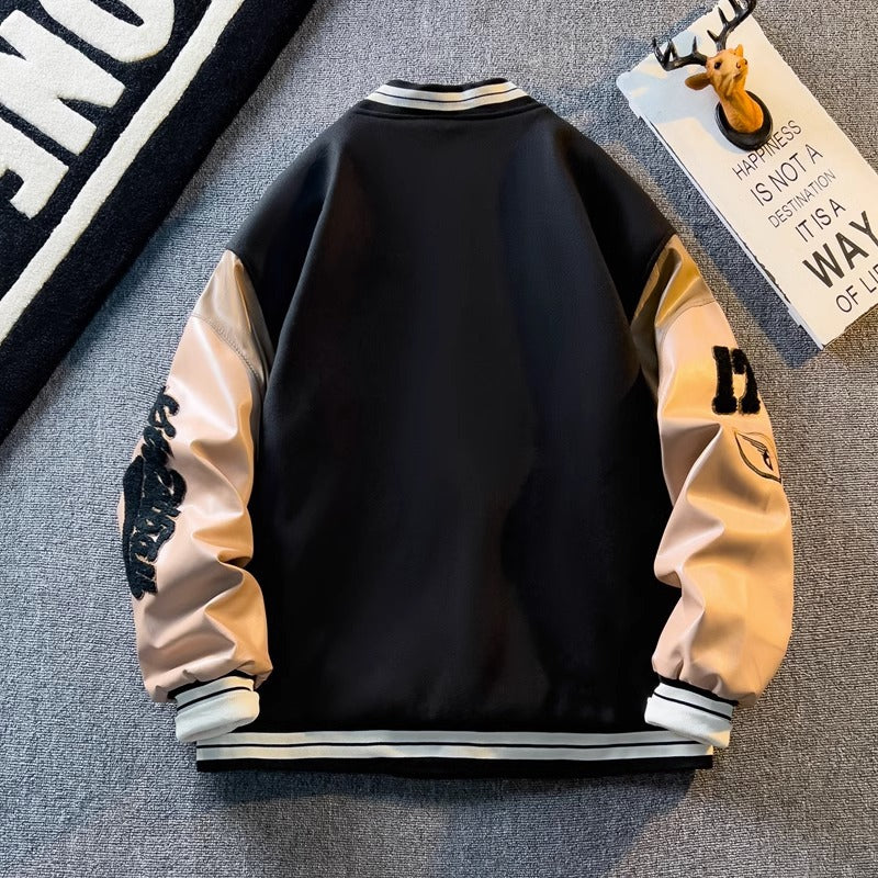 Spring and Autum Contrasting Color American Embroidered Leather Sleeve Jacket Men's Korean Style Trendyy Baseball Uniform Autum Casual Student Jacket