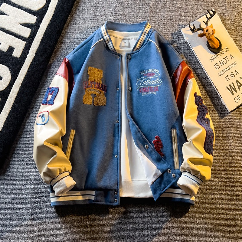 Spring and Autum Contrasting Color American Embroidered Leather Sleeve Jacket Men's Korean Style Trendyy Baseball Uniform Autum Casual Student Jacket