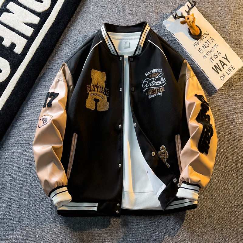Spring and Autum Contrasting Color American Embroidered Leather Sleeve Jacket Men's Korean Style Trendyy Baseball Uniform Autum Casual Student Jacket